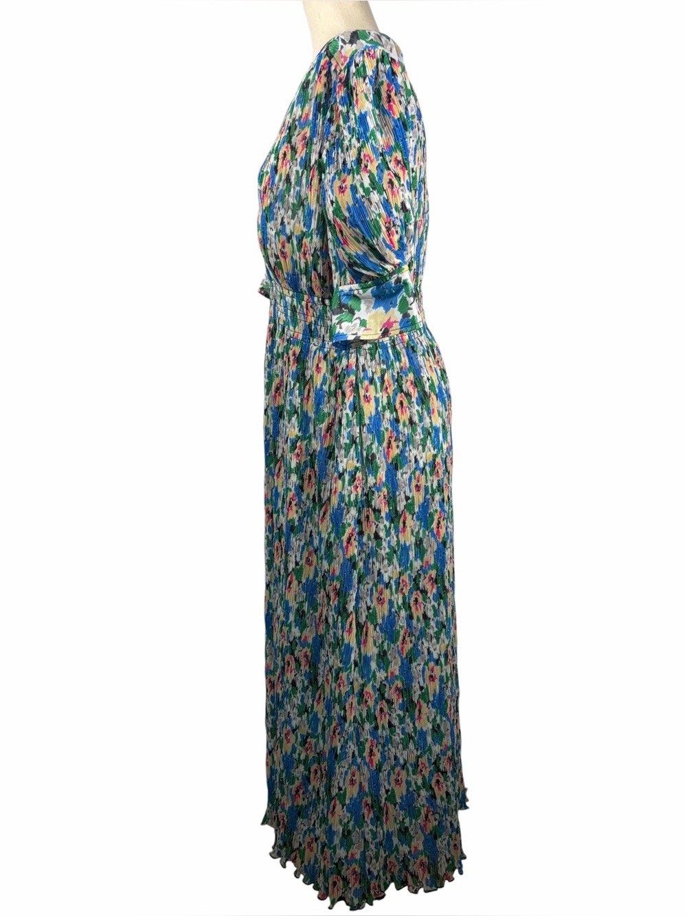 Ganni Blue Floral V-Neck Smocked Maxi Dress, pockets and lined. L-XL - Picture 2 of 6